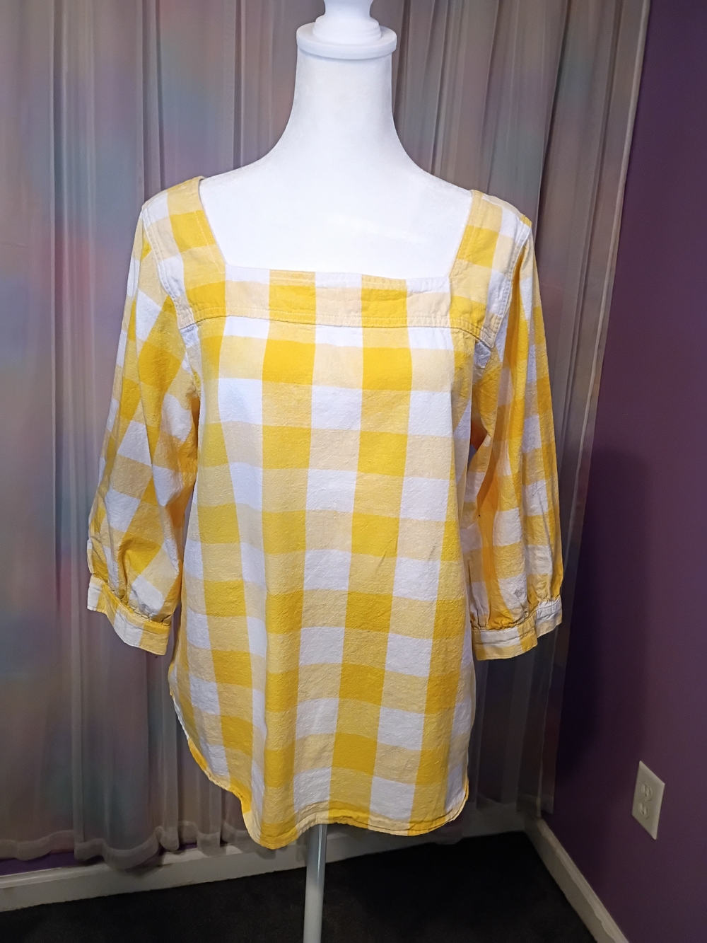 Time and Tru Yellow White Gingham Plaid Square Neck Pullover Blouse Size Medium